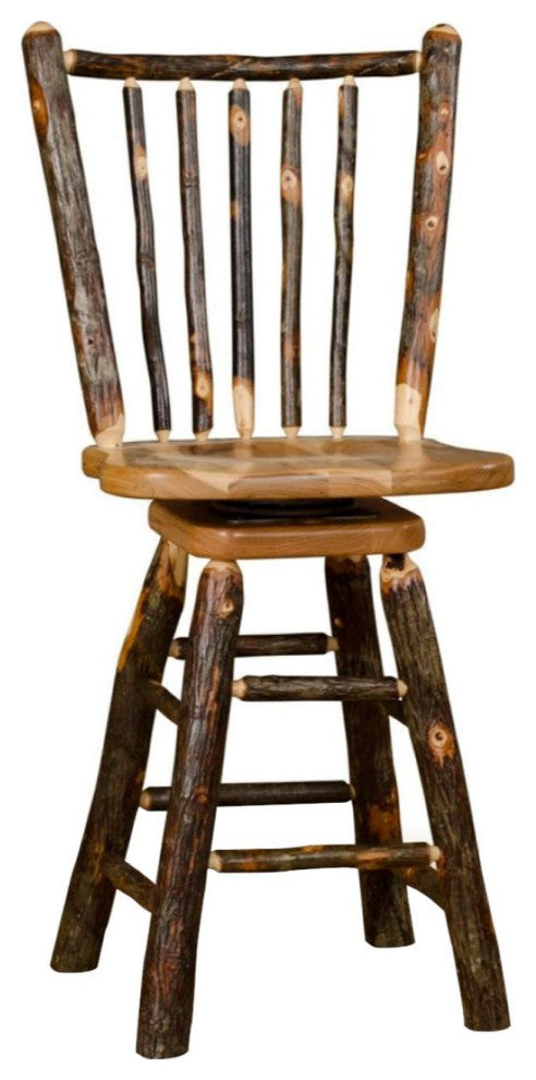 Hickory Log Stick-Back Swivel Barstool, All Hickory, 24 Inch, No Arms