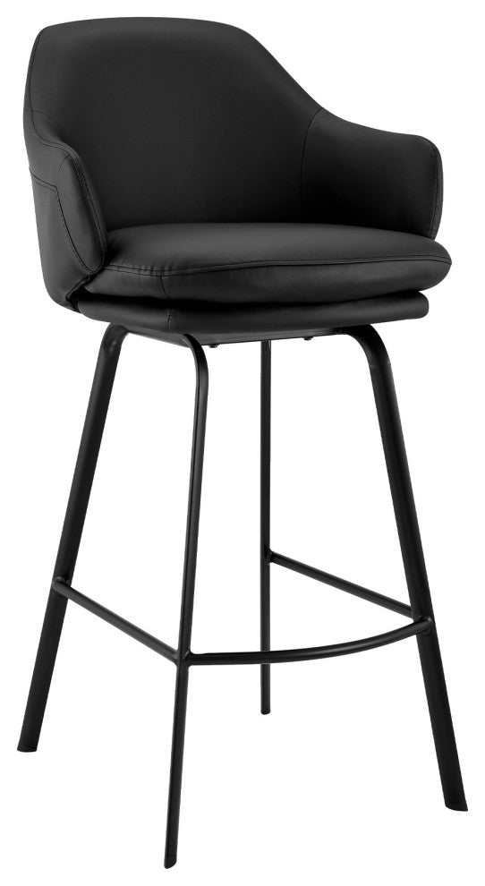30" Black Faux Leather and Black Metal Swivel Bar Stool