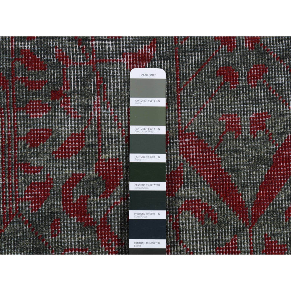 Green, Vintage Look Mamluk, Zero Pile, Worn Wool, Hand Knotted Rug, 6'x9'