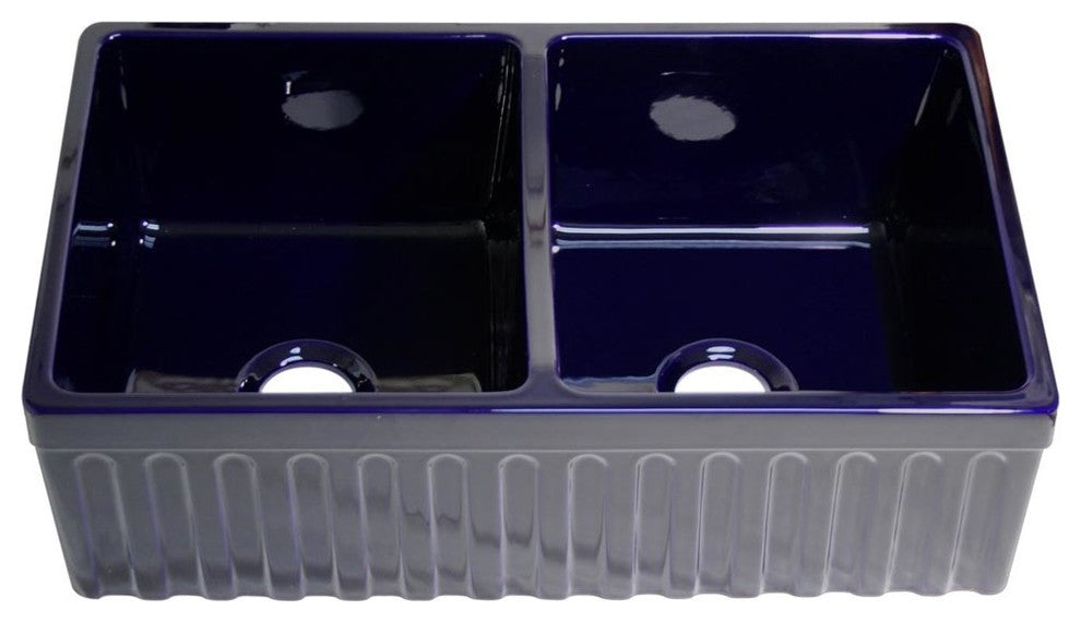 Quatro Alcove Reversible Double Bowl Fireclay Sink, Sapphire Blue