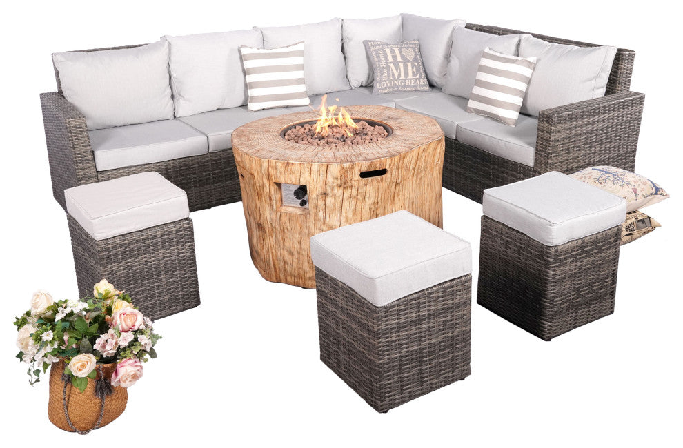 8-Piece Patio Rattan Conversational Sofa Set with Fire Pit Table and Ottomans, Grey-Round