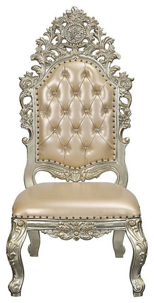 Benzara BM280529 27" Leather Dining Chair, Set of 2, Ornate Carved, Gold, Beige
