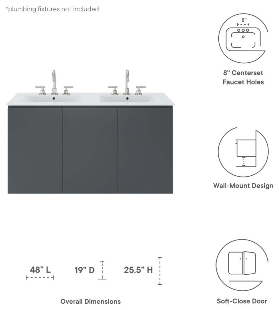 Bryn 48" Wall-Mount Double Sink Bathroom Vanity, Gray White