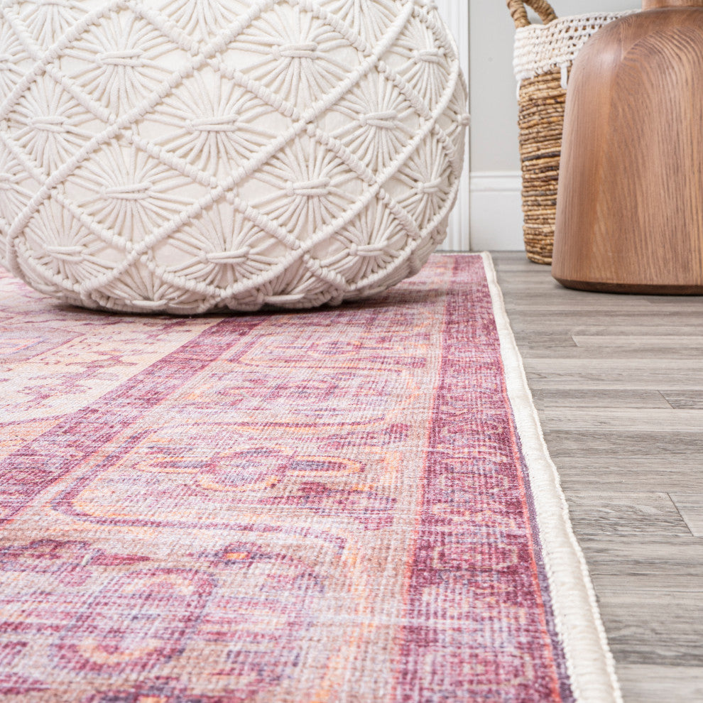 Alacati Ogee Medallion Machine Washable Indoor Area Rug, Red/Orange/Cream, 2 X 8