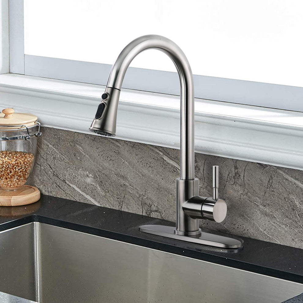 Single Handle Deck Mounted High Arc Pull Down Kitchen Faucet with Sprayer, Brush