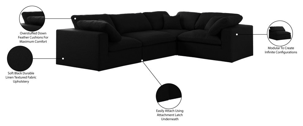 Serene Linen Textured Fabric Deluxe Comfort 4-Piece L-Shaped Sectional, Black