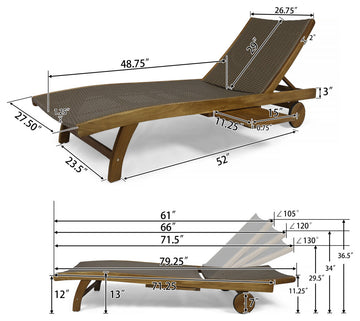 GDF Studio Kimberley Outdoor Chaise Lounge With Pull-Out Tray, Set of 2, Brown/Teak Finish