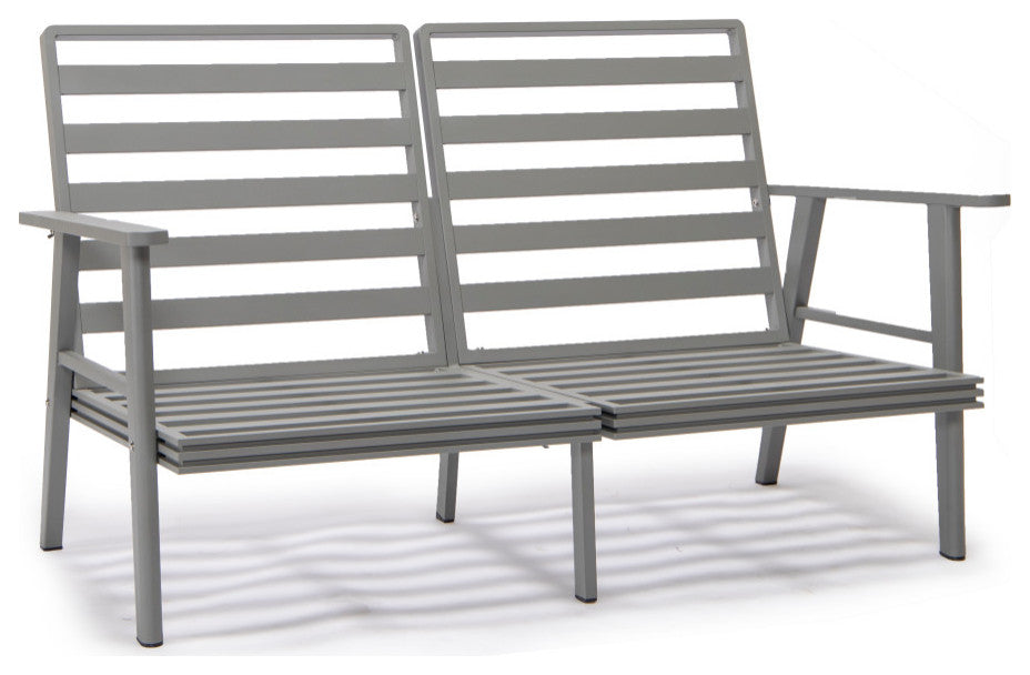LeisureMod Walbrooke Grey Patio Sofa Set With Round Fire Pit Table, Navy Blue