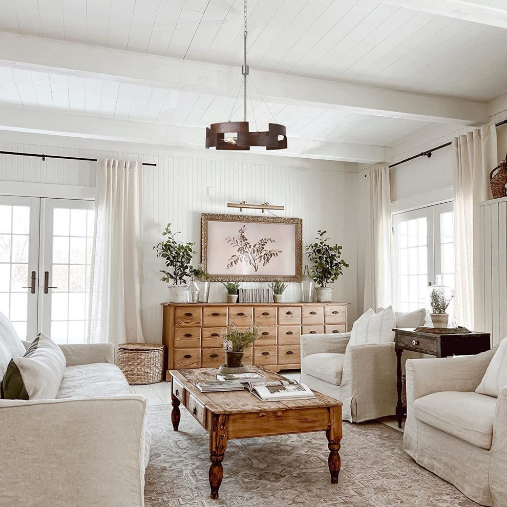 5 Light Rust Drum Pendant Light Vintage Wood Farmhouse Chandelier