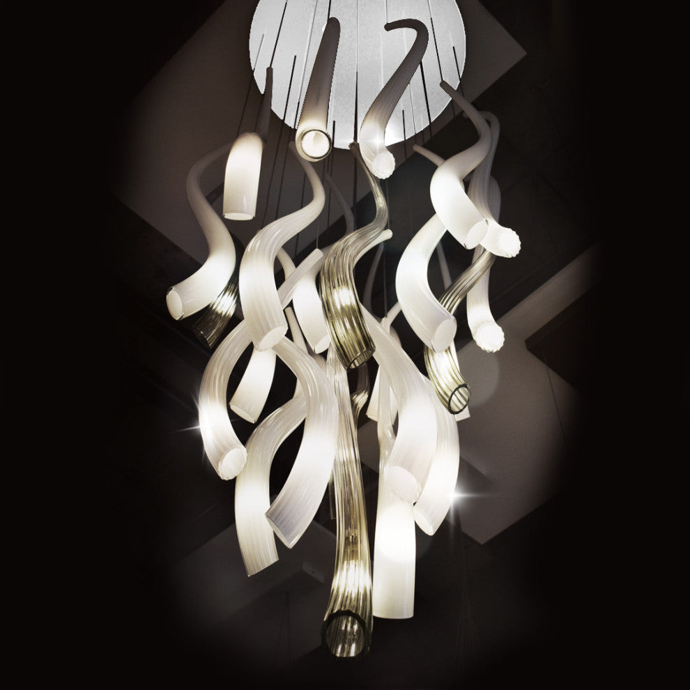 Hand Blown Murano Glass Chandelier, White Canopy, 84" Long