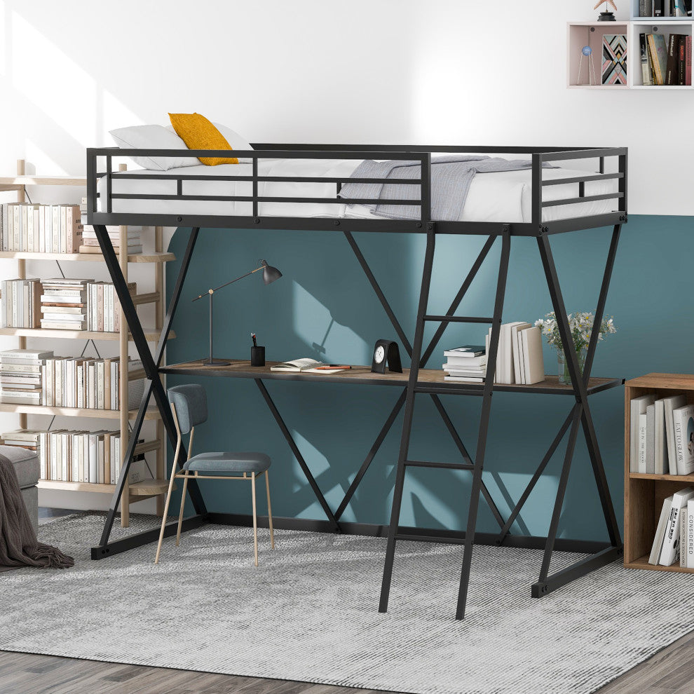 Gewnee Twin Size Loft Bed with Desk, Ladder and Full-Length Guardrails in Black