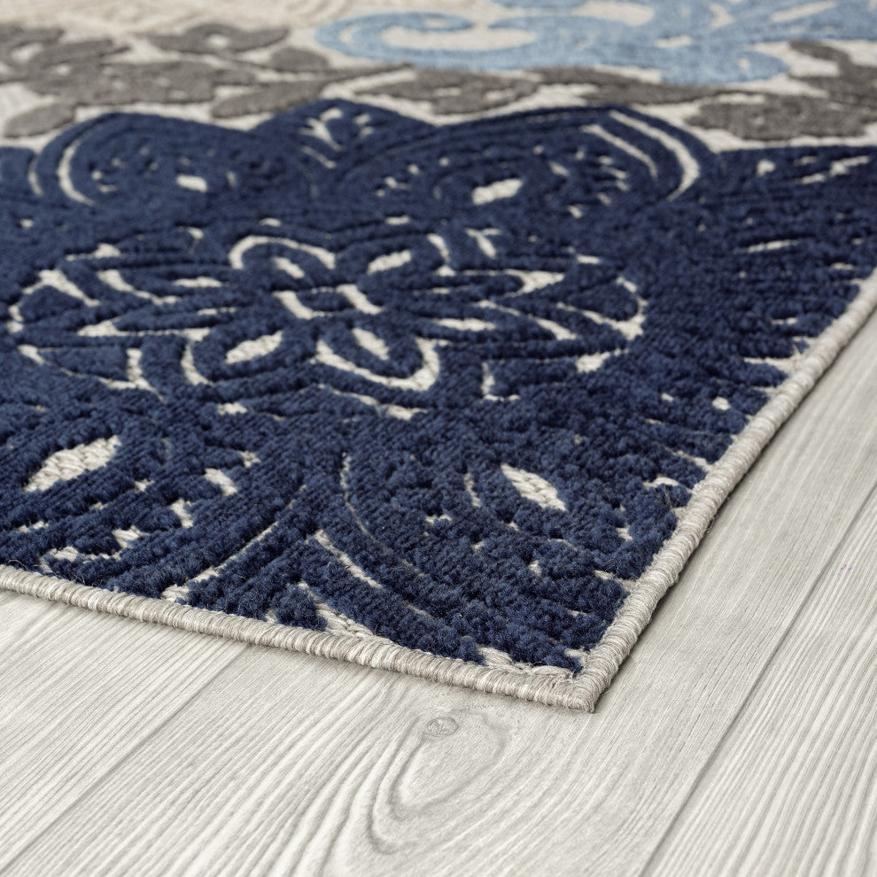 Omalley Modern Floral Area Rug, Blue & Gray, 7'11" X 10'3"
