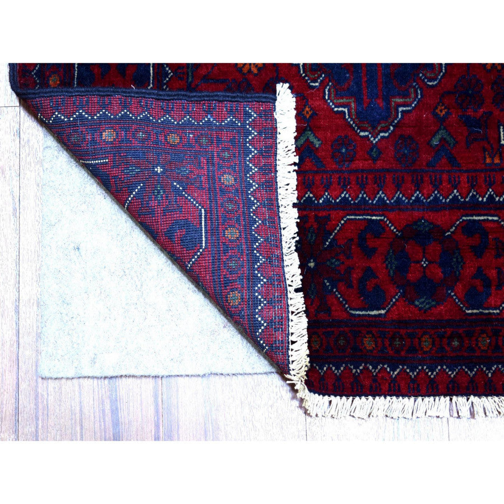 Deep and Saturated Red, Hand Knotted Afghan Khamyab Pure Wool Rug, 2'8"x12'6"