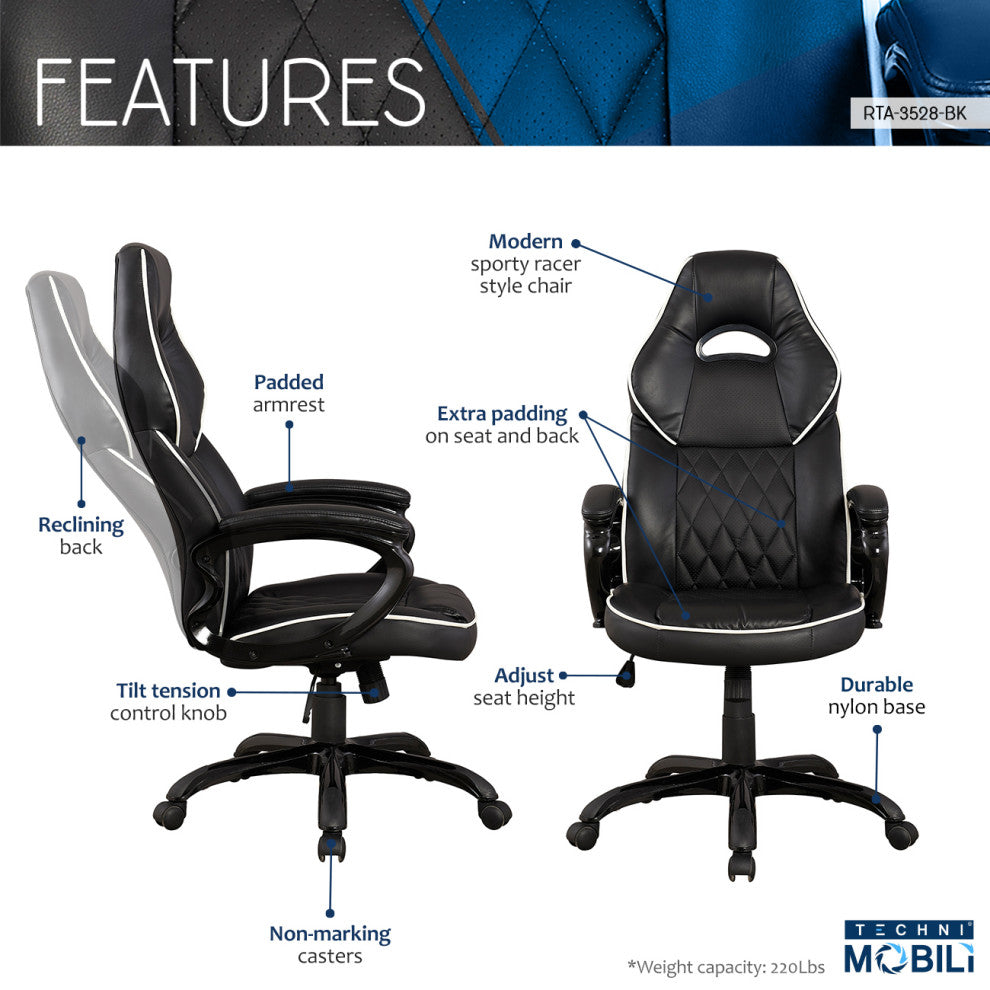 Techni Mobili High Back Executive Sport Race Office Chair. Color: Black