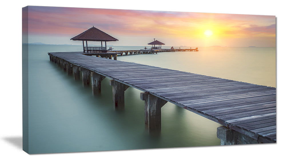 "Wooden Sea Bridge and Sunset" Seashore Canvas Photo Print, 1 Panel, 60"x28"