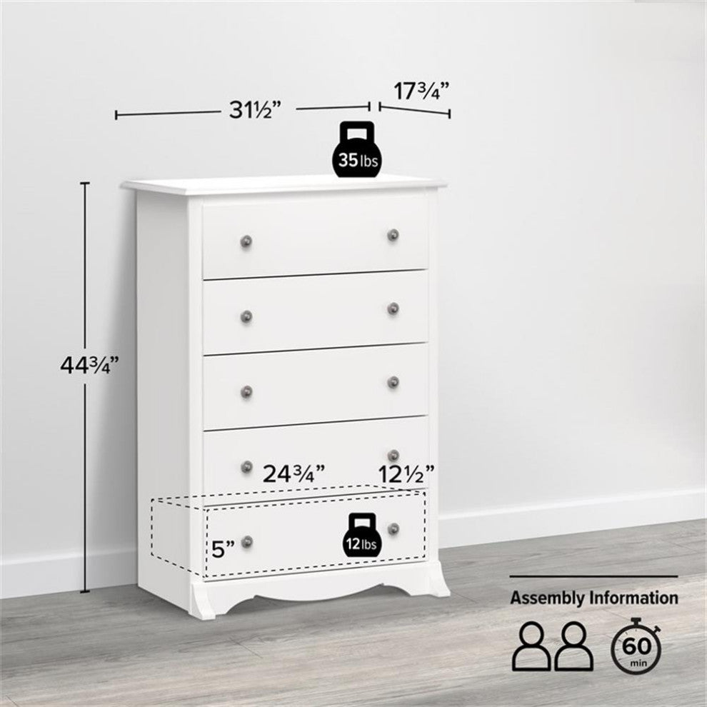 Prepac Monterey 5 Drawer Chest in White Finish
