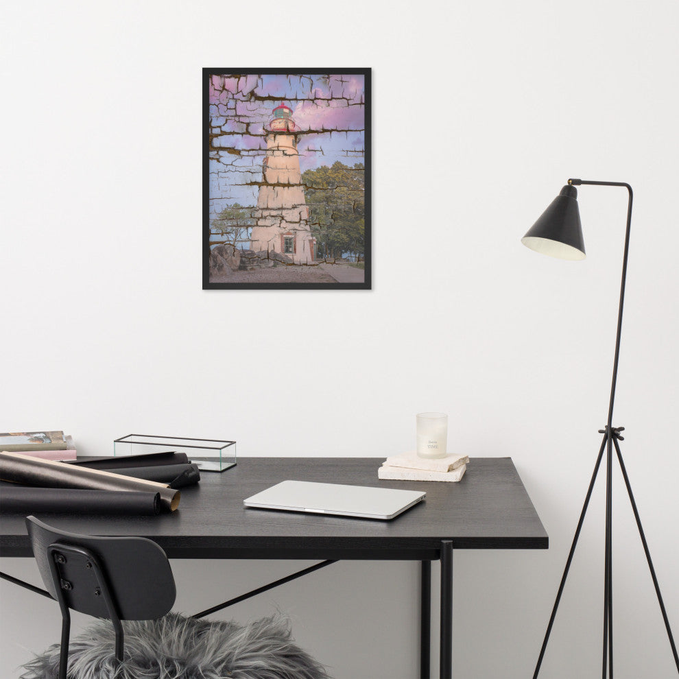 Faux Wood Texture Marblehead Lighthouse at Sunset Framed Photo Wall Art Print, Black, 18" X 24"