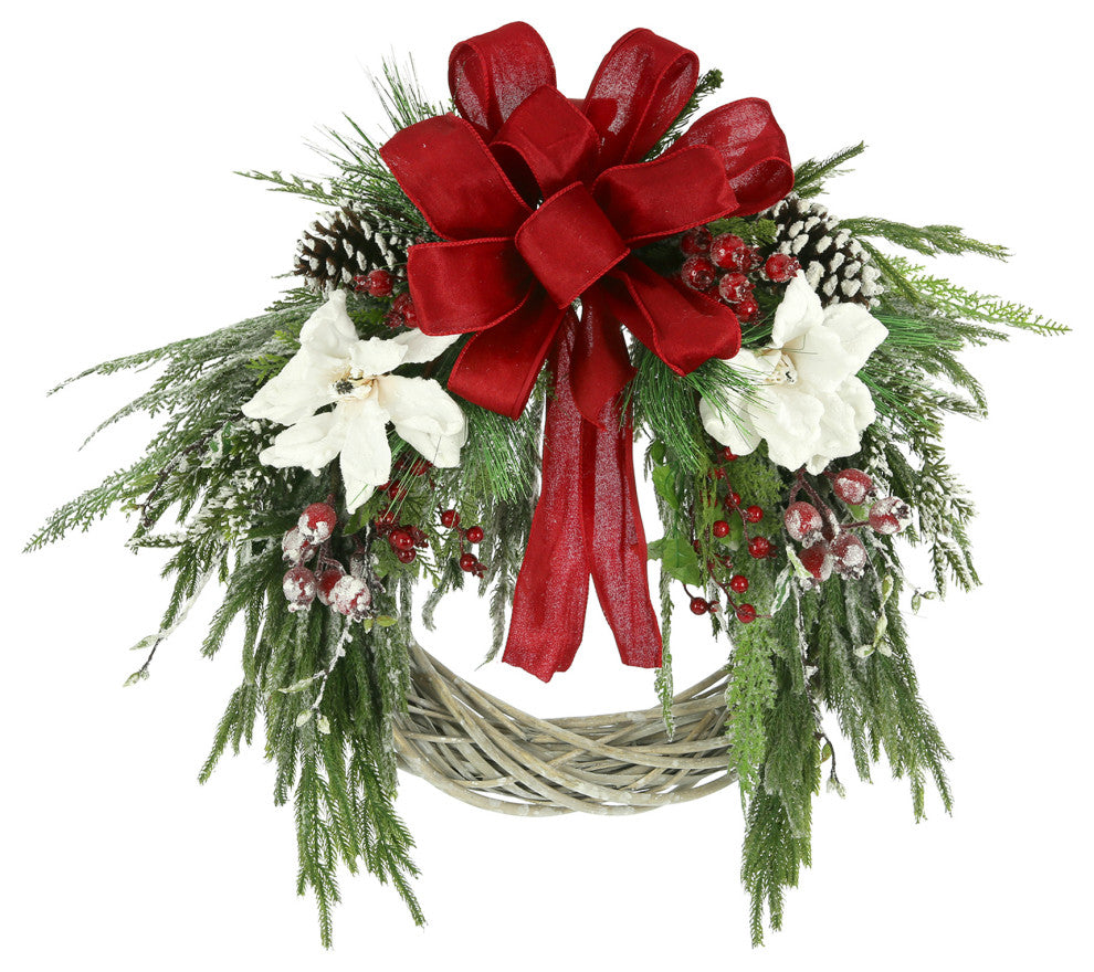 30" Woven Willow Holiday Wreath with Evergreen, Berries and a Large Bow