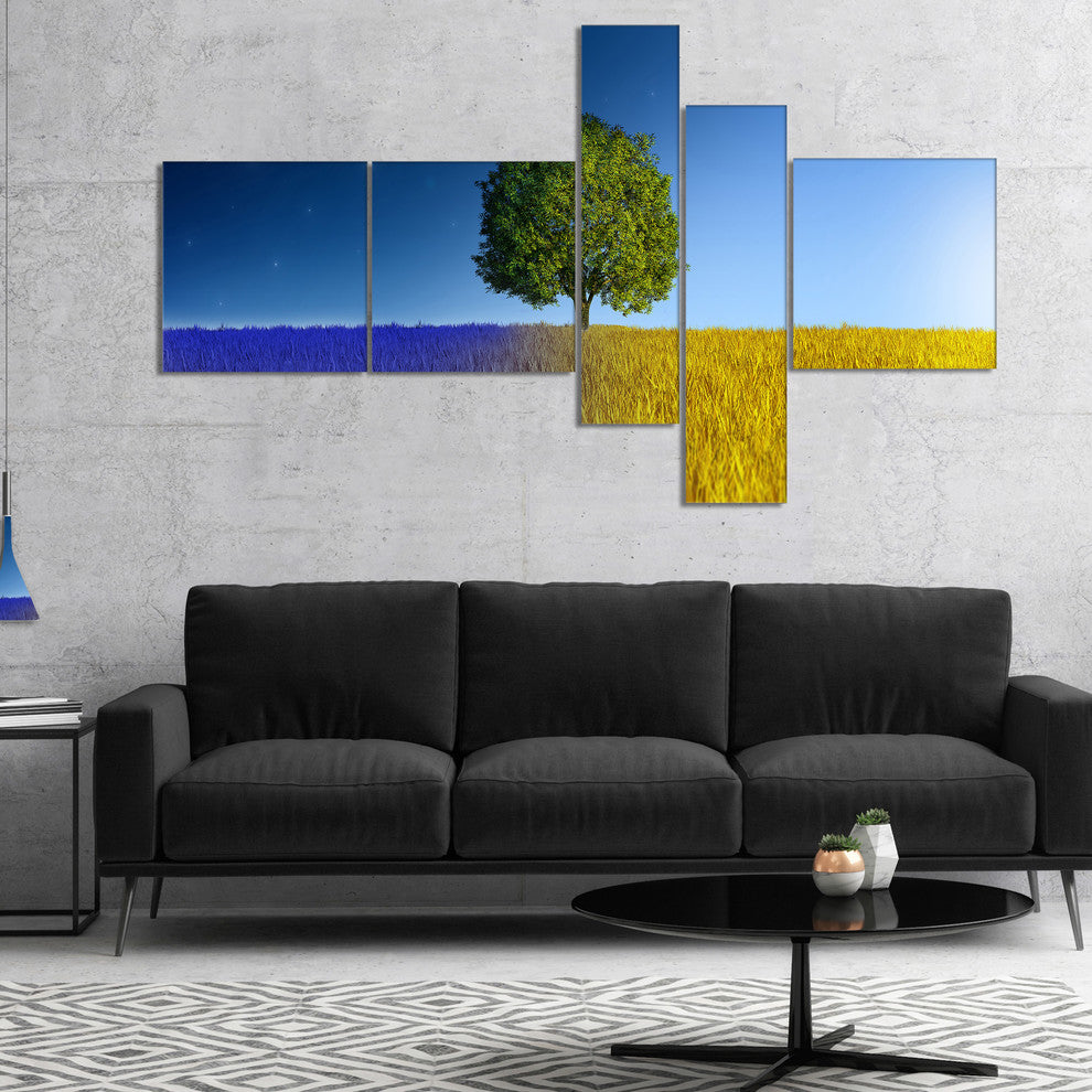 Tree in Night and Day, Landscape Canvas Art Print, 60"x32", 5 panels