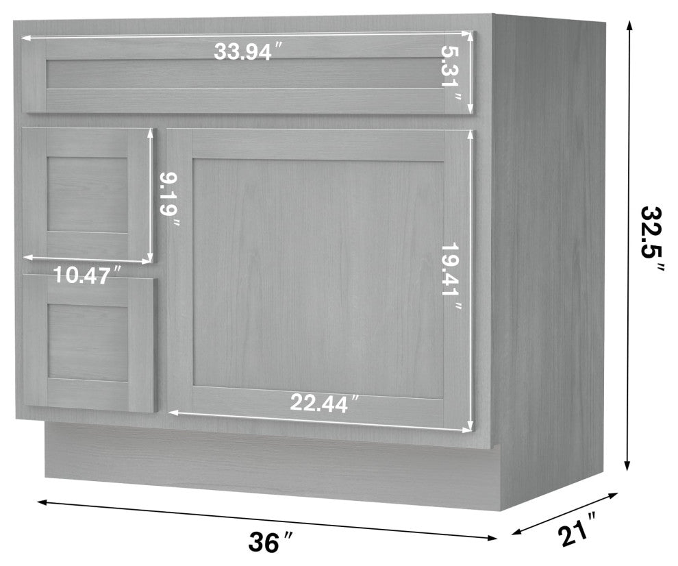 Vanity Art Vanity Base Cabinet, No Top, Drawers on Left, 36", Silver