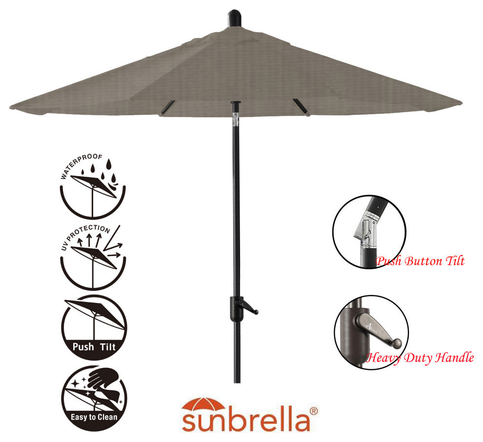 9' Round Push Tilt Market Umbrella, Black Frame, Sunbrella, Graphite
