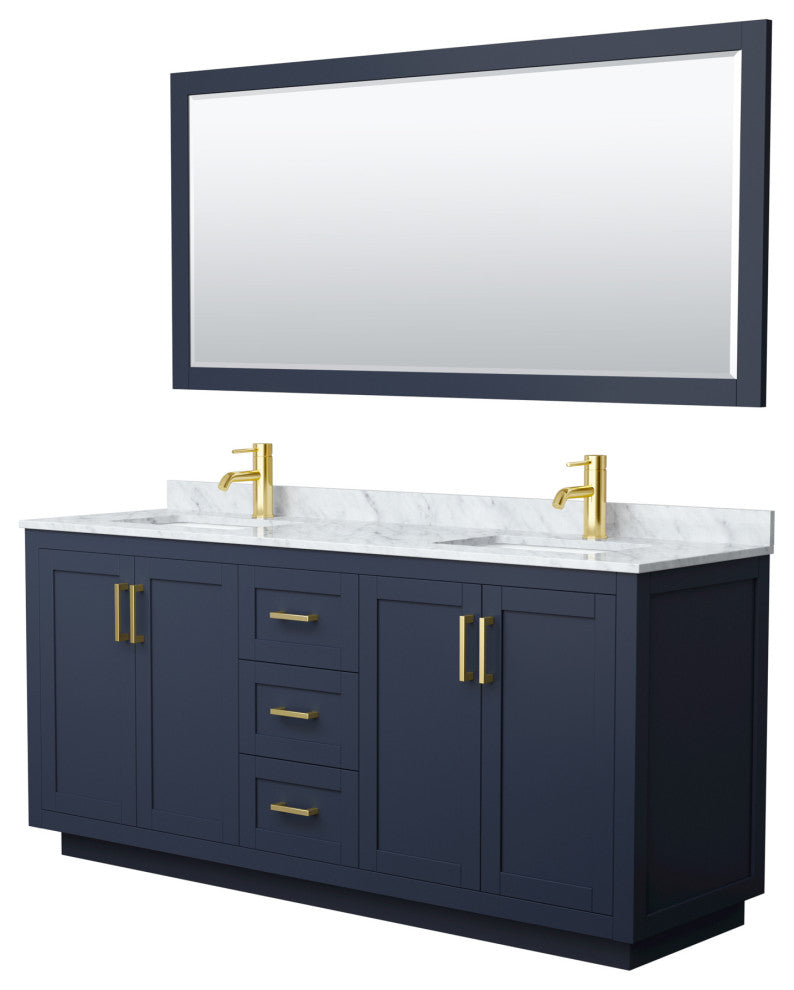 72"DBL Bathroom Vanity Dark Blue, Carrara Countertop, Sinks, Gold Trim,70"Mirror