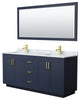 72"DBL Bathroom Vanity Dark Blue, Carrara Countertop, Sinks, Gold Trim,70"Mirror