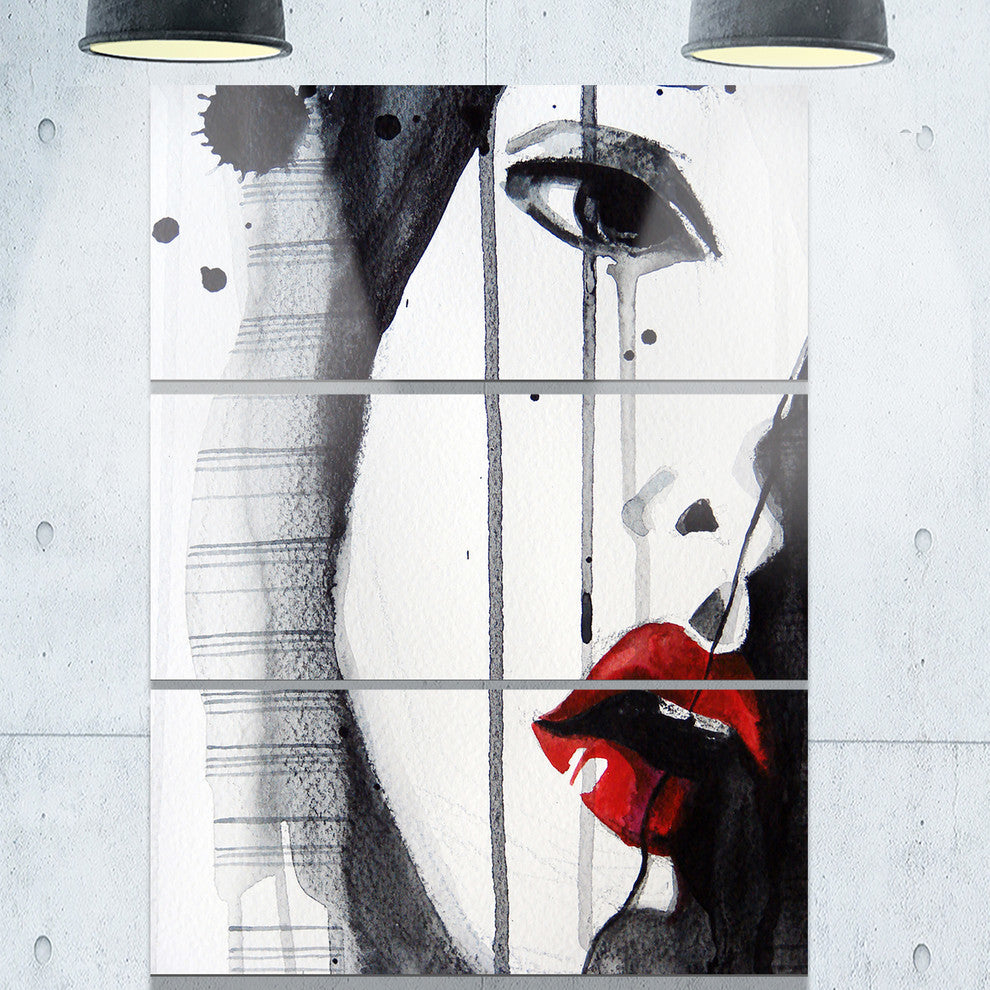 "Black Illustrated Girl Close-up" Painting Metal Wall Art, 3 Panels, 28"x36"
