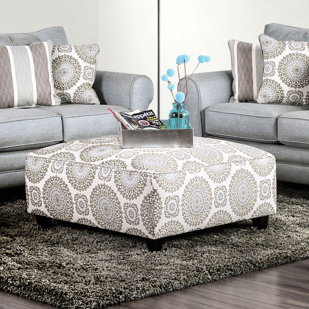 Square Ottoman with Floral Pattern Design, Ivory