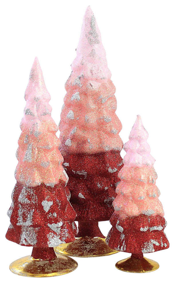 Christmas Red Glitter Gradient Trees Glass Set/3 Decorative Holiday Cd1607r