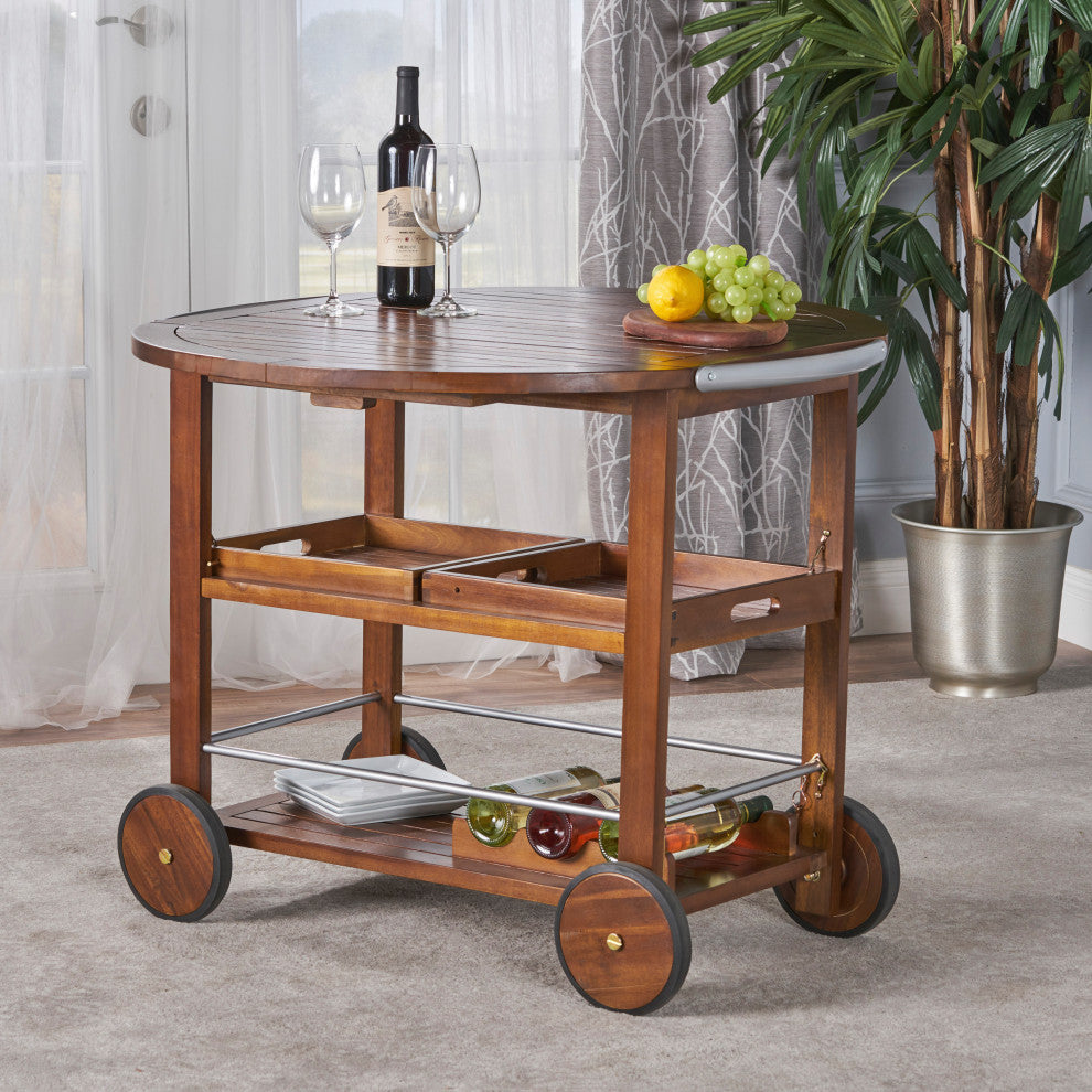 GDF Studio Cyndy Farmhouse Cottage Dark Oak Acacia Wood Bar Cart