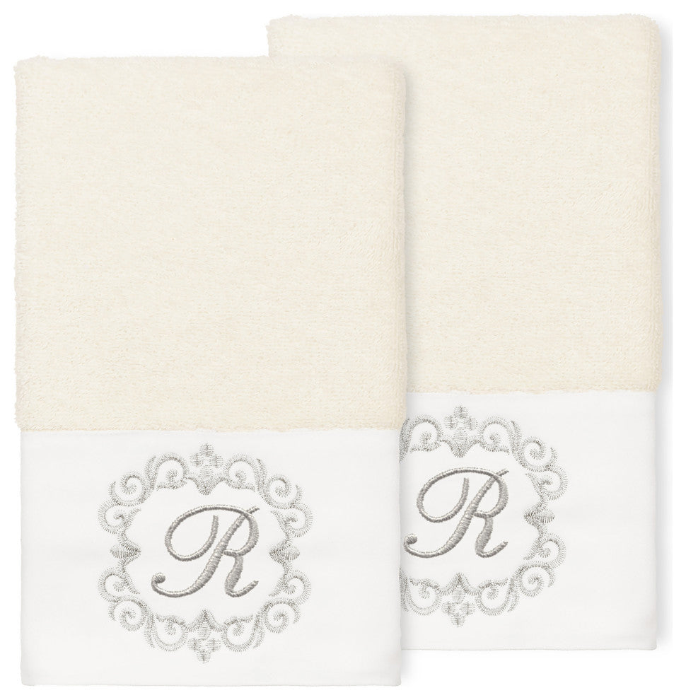 Linum Home Turkish Cotton Monica 2-Piece Embellished Hand Towel Set, Cream