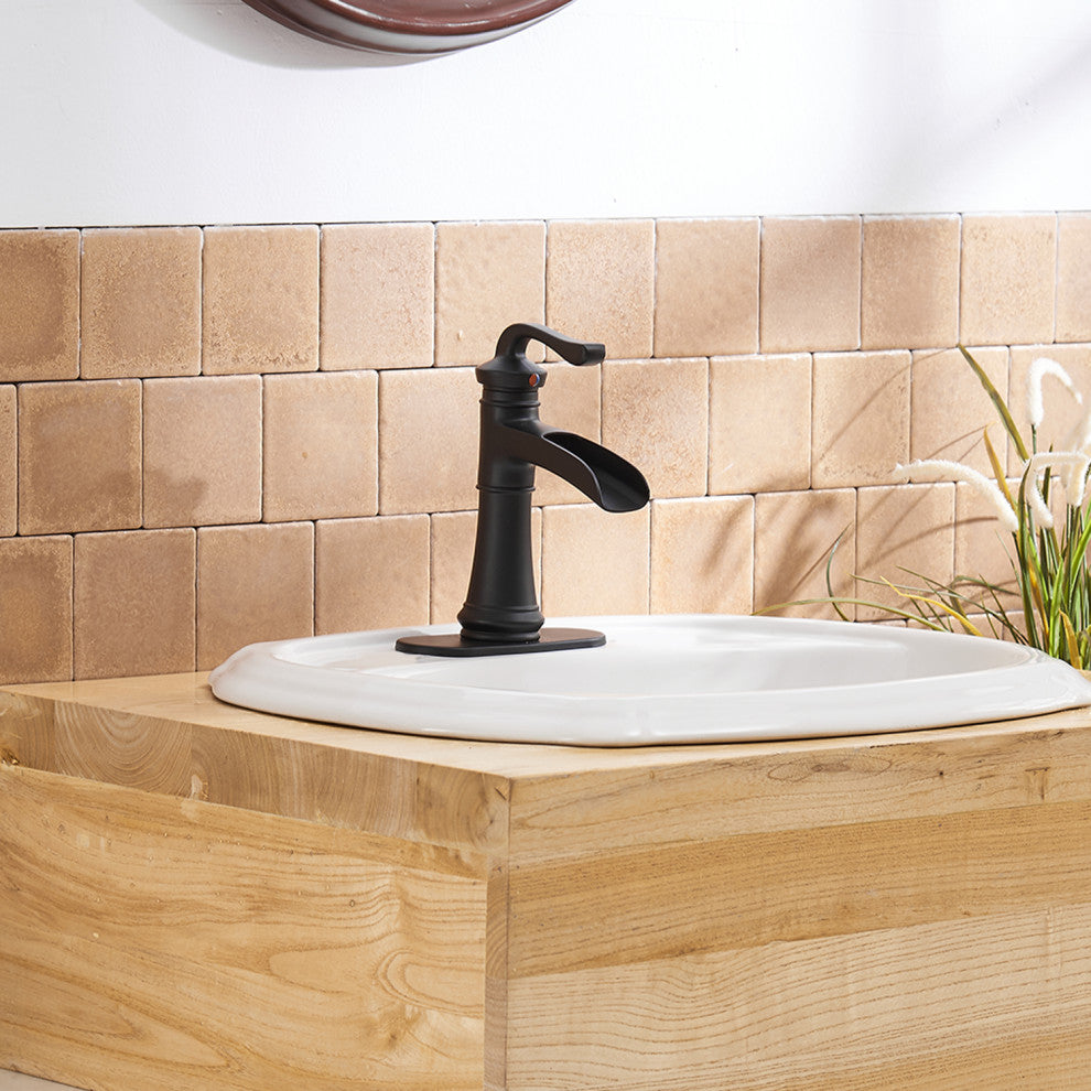Waterfall Spout Bathroom Sink Faucet with Pop-up Drain, Matte Black