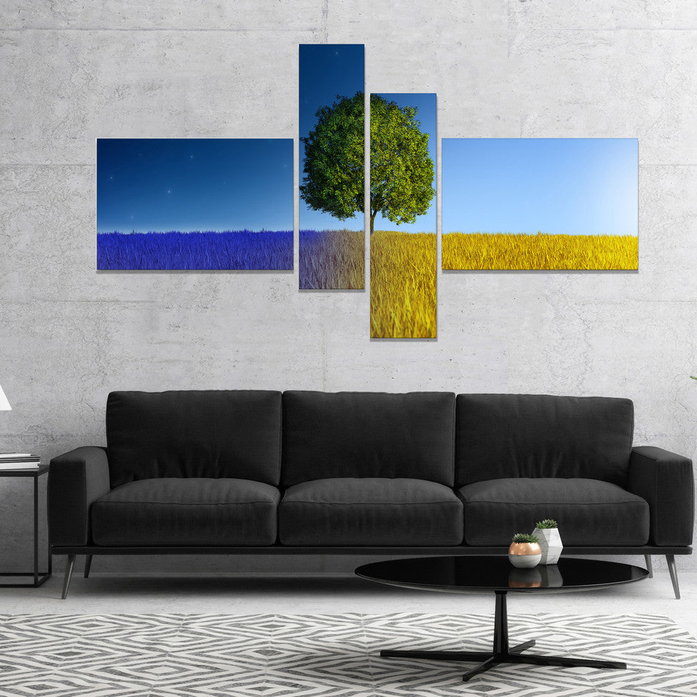 Tree in Night and Day, Landscape Canvas Art Print, 60"x32", 4 panels