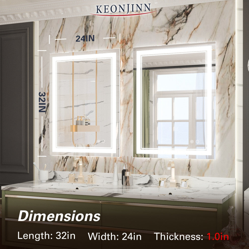 3-Colors LED Bathroom Mirror, Anti-Fog Memory Dimmable, Sliver, 24"x32"