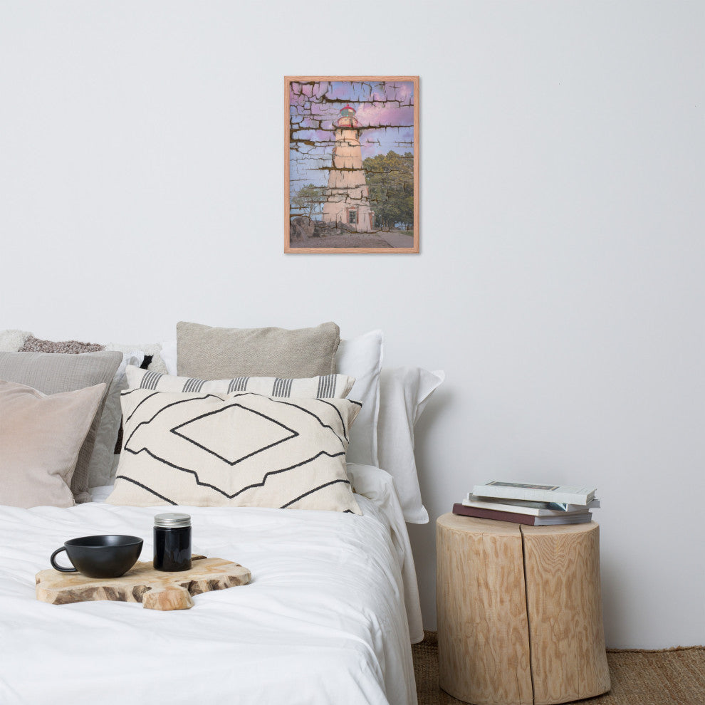 Faux Wood Texture Marblehead Lighthouse at Sunset Framed Photo Wall Art Print, Red Oak, 18" X 24"