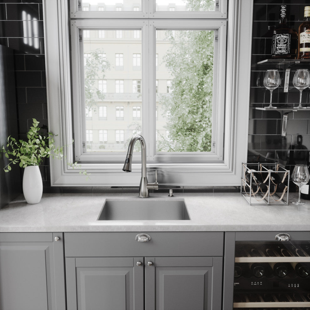 VIGO Aylesbury 16" H Single Handle Pull-Down Sprayer Kitchen Faucet, Stainless Steel, With Soap Dispenser