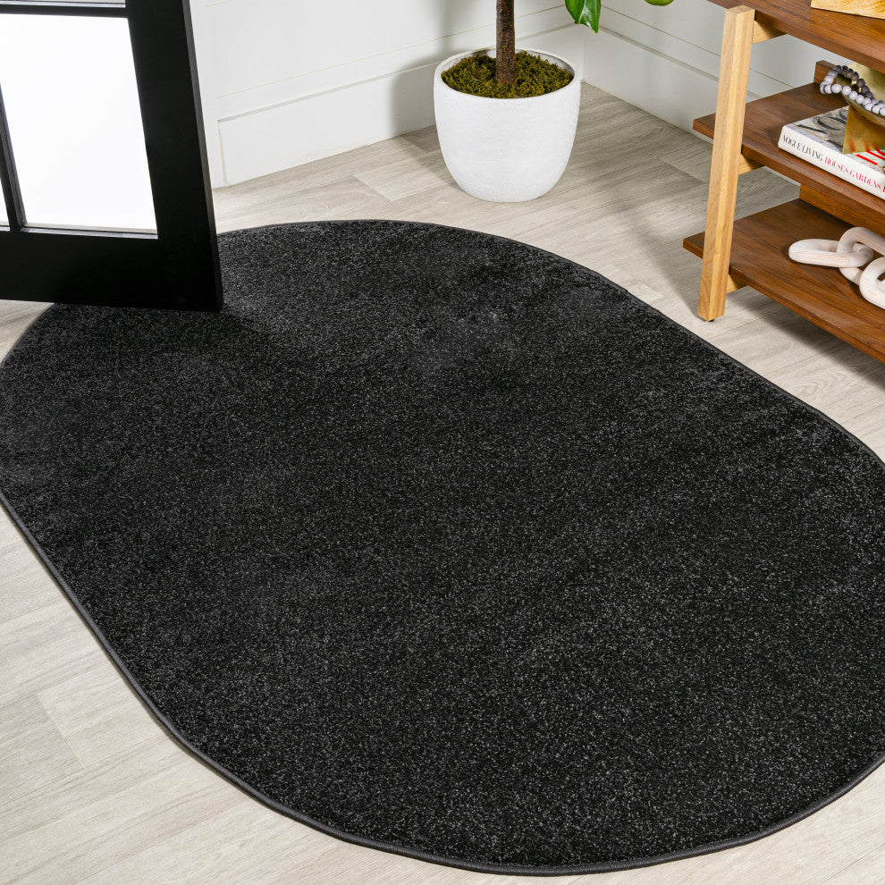 Haze Solid Low-Pile Runner Rug, Black, 3 X 5 Oval