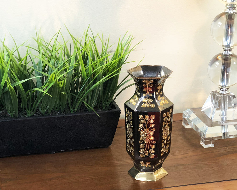 Natural Geo Brass Hexagonal Floral Bottle Decor