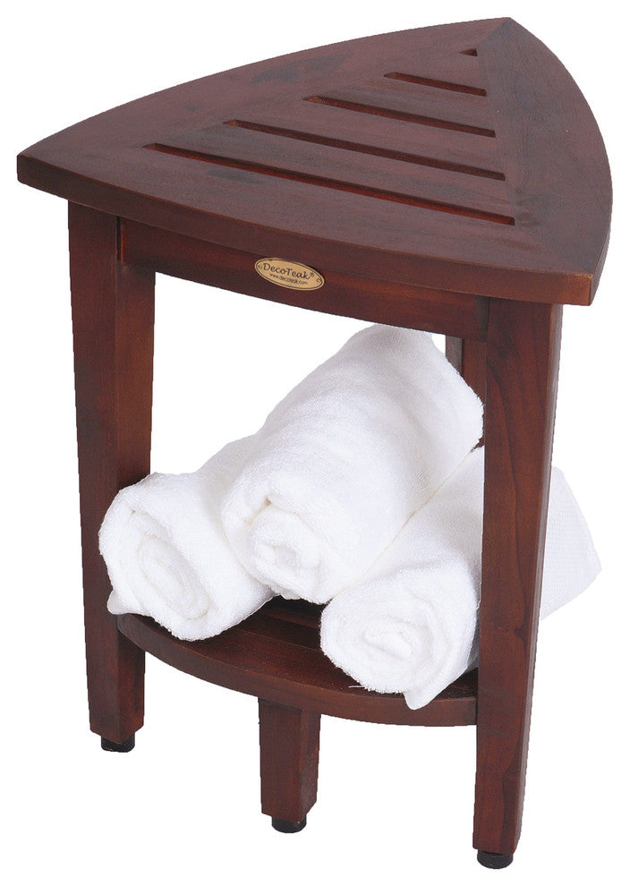 Oasis Teak Corner Shower Stool, Table With Shelf, 16"x15"x18"