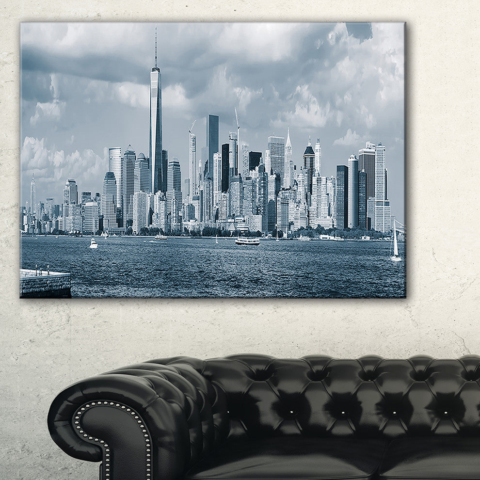 "Lower Manhattan Panorama Black White" Cityscape Wall Art, 32"x16"