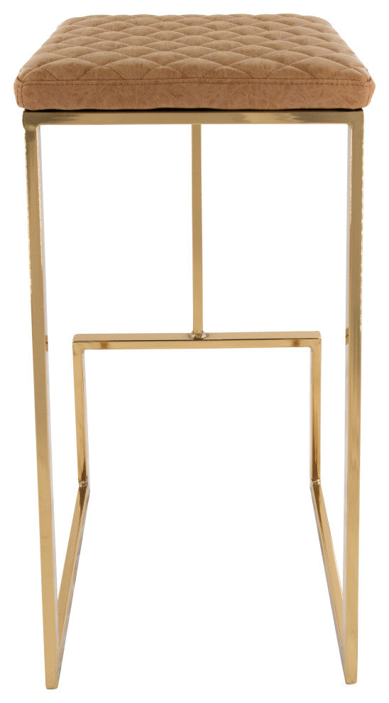 Quincy Leather Barstool Square Seats and Gold Metal Frame, Light Brown