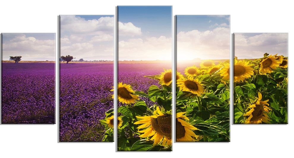 Lavender and Sunflower Fields, Large Floral Canvas Art Print, 60"x32", 5 Panels