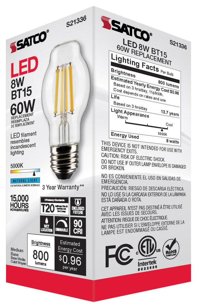 8W BT15 LED, Clear, Medium Base, 90 CRI, 5000K, 120V