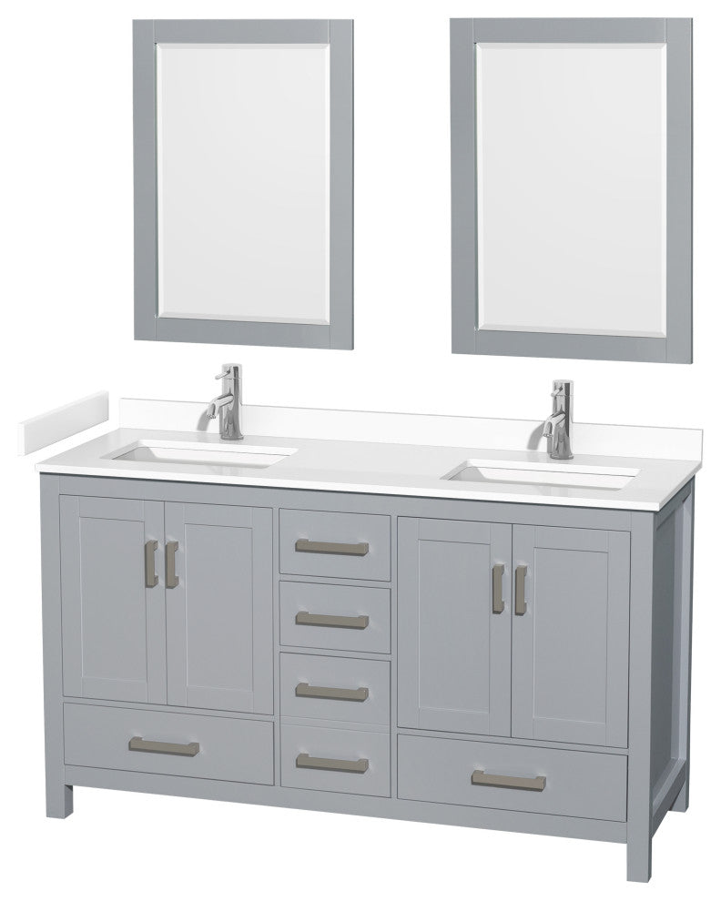 60"DBL Bathroom Vanity Gray, White Cult. Marble Countertop, Sinks, 24" Mirrors