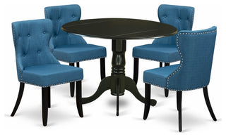 A Dining Set 4 Chairs, Mineral Blue Color, Two 9" Drop Leaf Round Table, Black