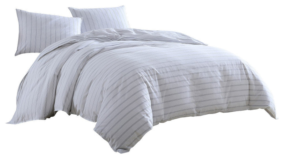 3 Piece King Comforter Set with Pinstripe Pattern, White and Black