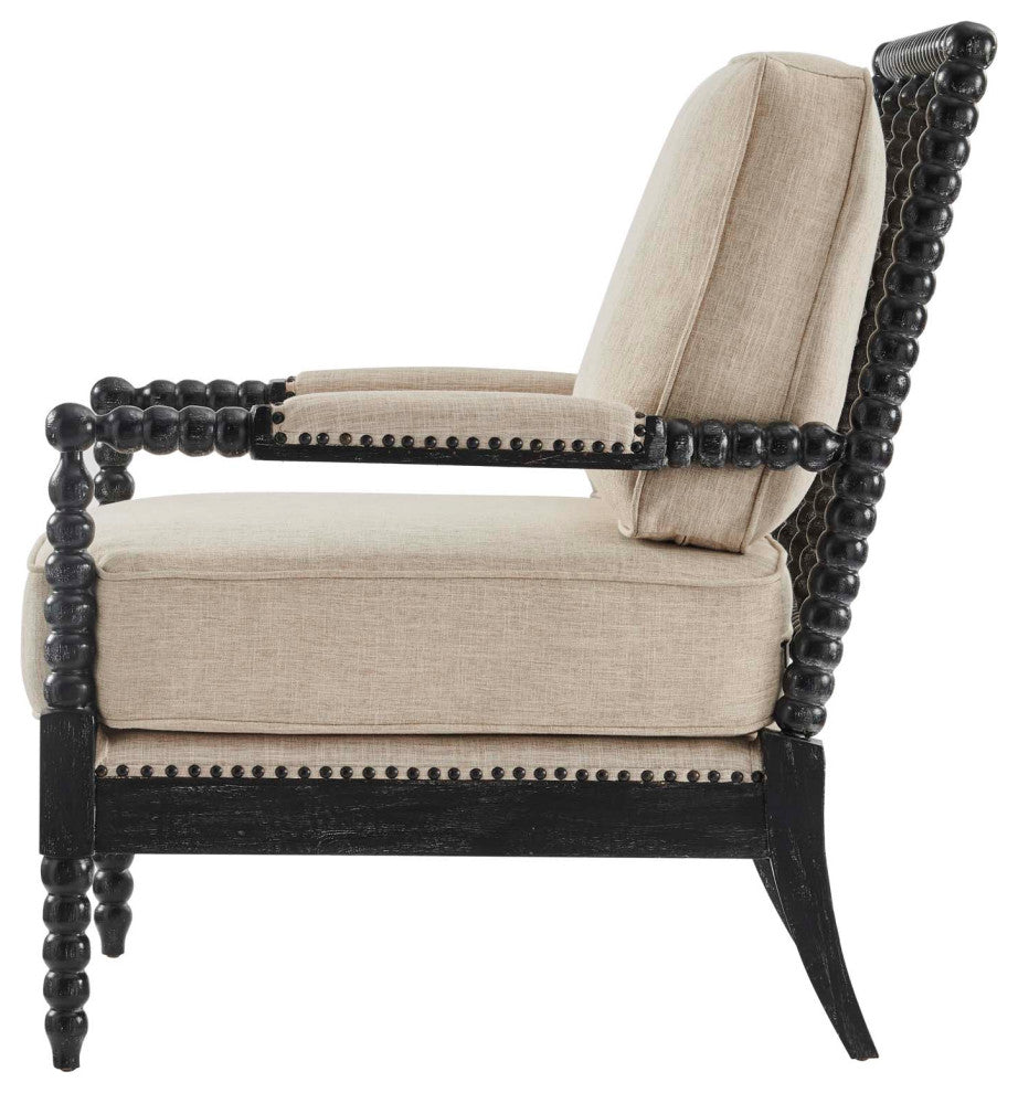Armchair Accent Chair, Nailhead, Beige Black, Fabric, Modern, Cafe Hospitality