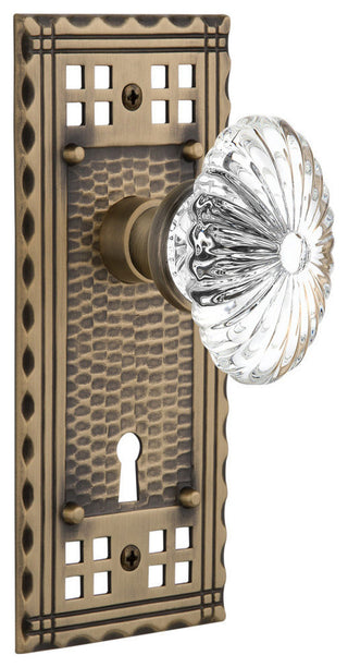 Double Craftsman Plate With Oval Fluted Crystal Knob, Antique Brass