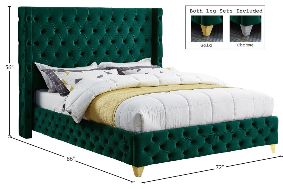Savan Velvet Upholstered Bed, Green, Queen